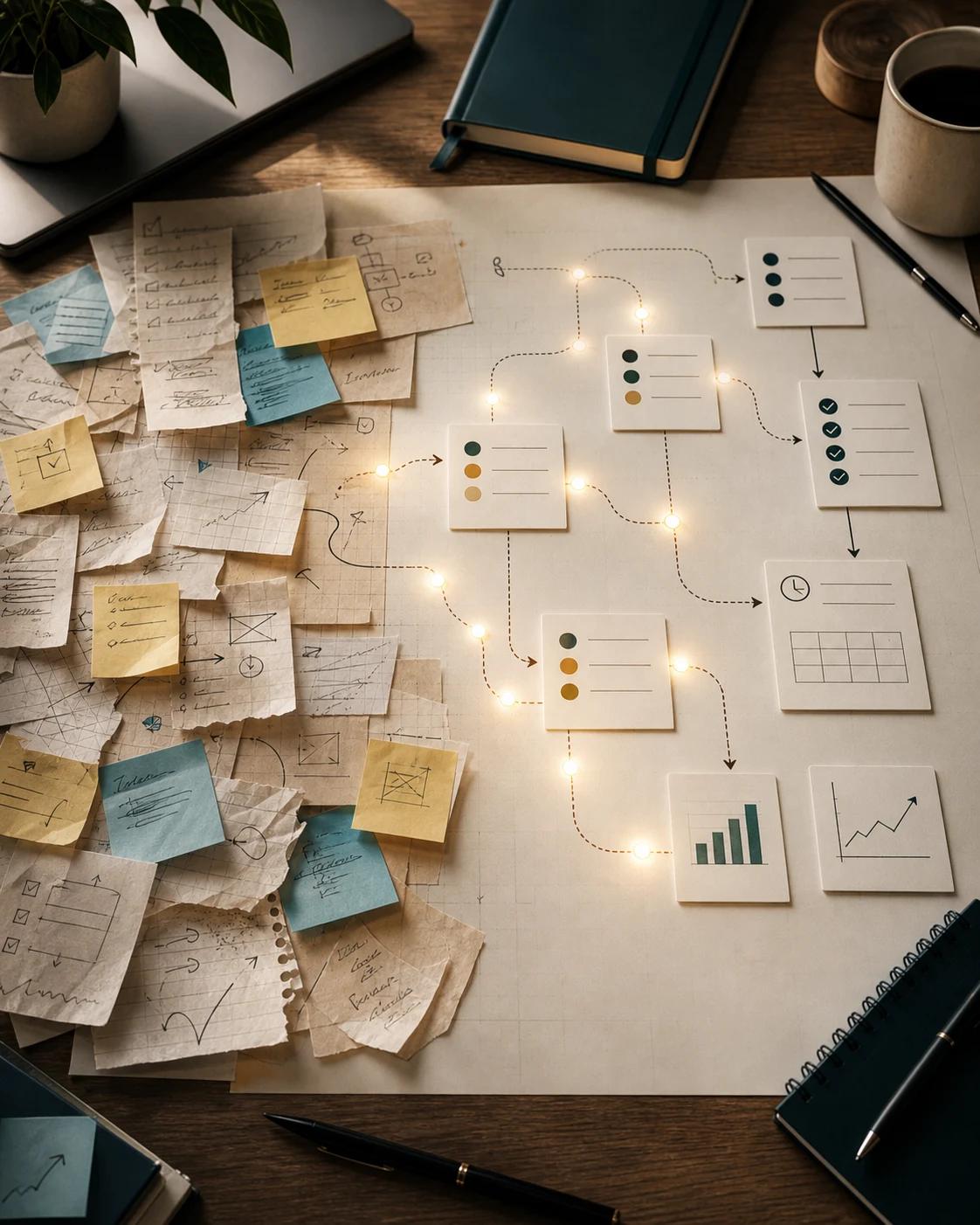 Messy repeated work becoming a clear AI-assisted workflow map.