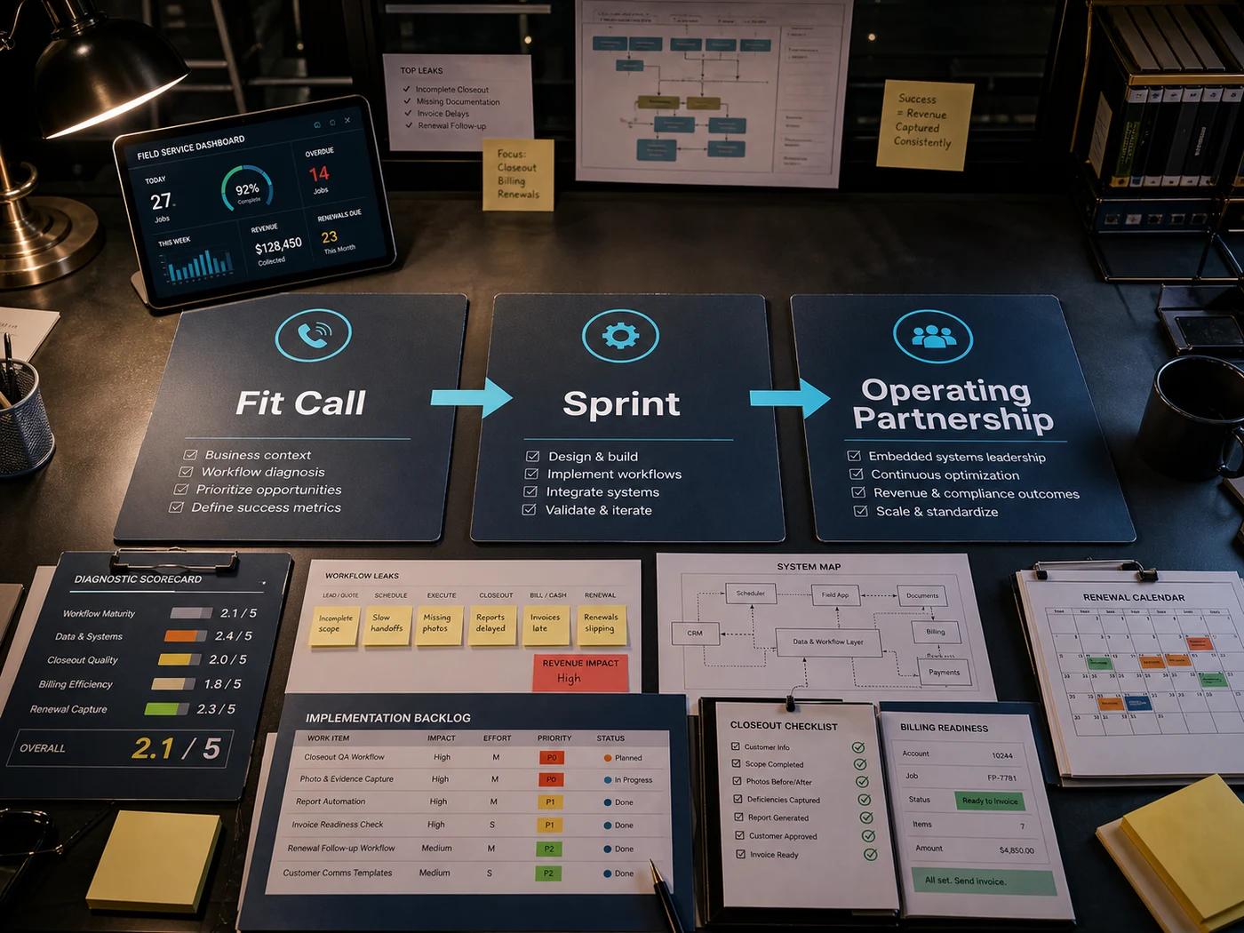 Three-phase engagement roadmap showing Fit Call, Sprint, and Operating Partnership alongside diagnostic and implementation materials