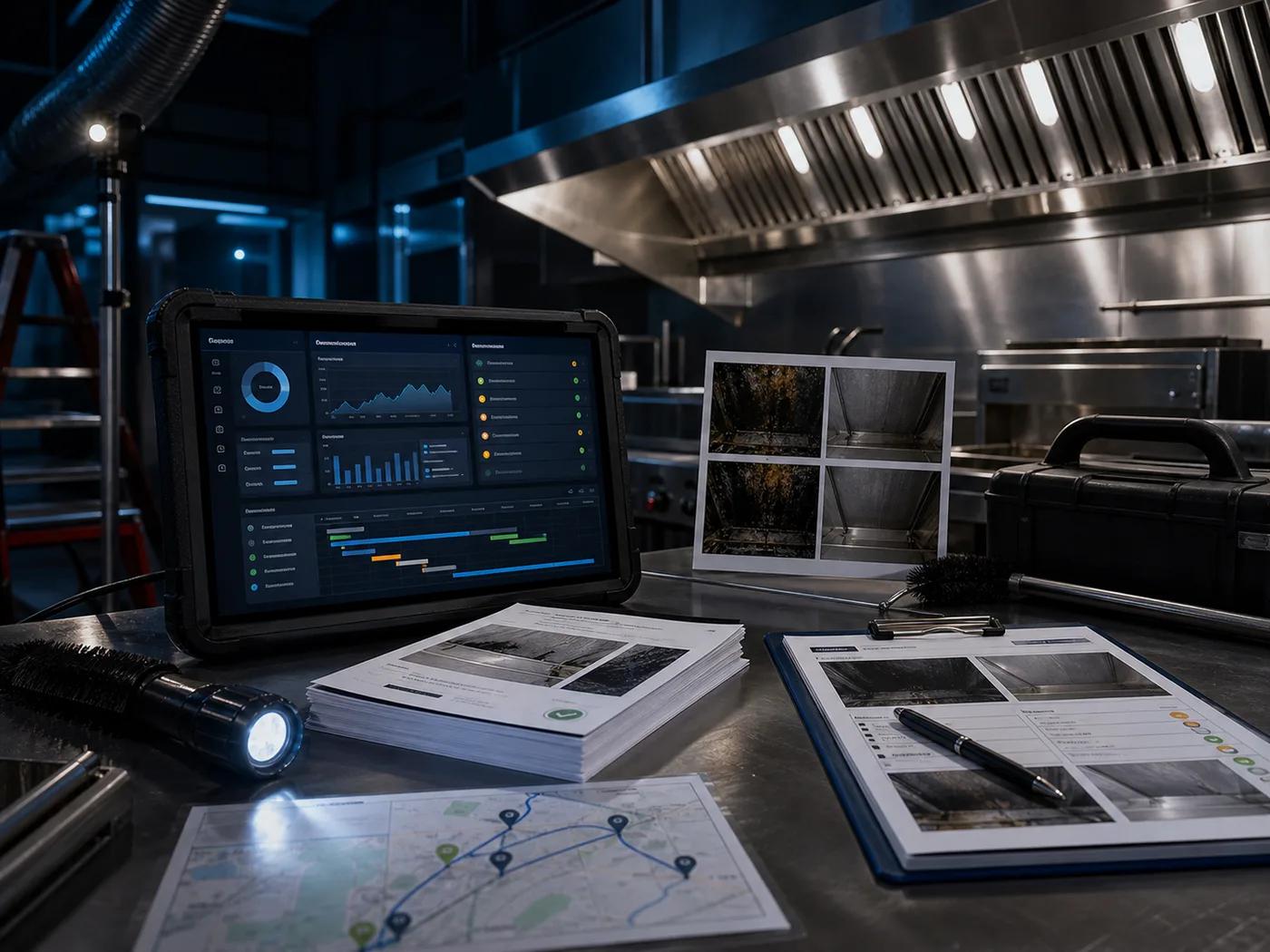 Commercial kitchen exhaust service area with documentation photos, route materials, dashboard tablet, and reporting paperwork